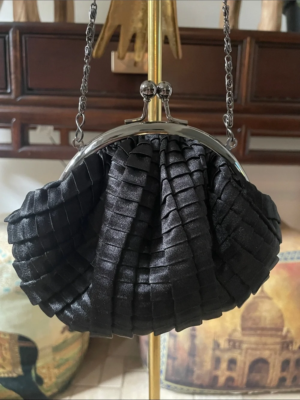 Jessica McClintock Black Satin Pleated Evening Clutch with Chain Kiss Lock